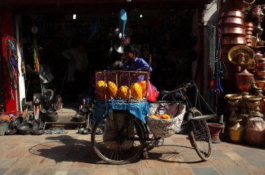 Kathmandu, Nepal - 17 Haziran 2019: Bisikletli meyve satıcısı Katmandu caddesinde papaya satıyor