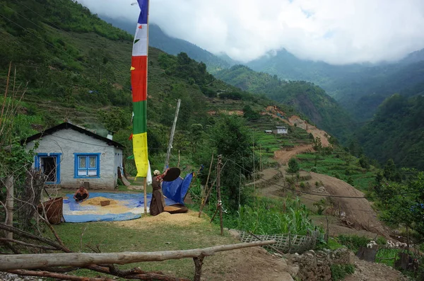 Everest Region Nepál 2019 Június Buddhista Imádkozó Zászló Melletti Házban — Stock Fotó