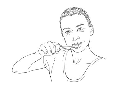 Yooung 'un dişlerini fırçalayan kadın, vektör çizimi, beyaz üzerine çizilmiş doğrusal çizim.