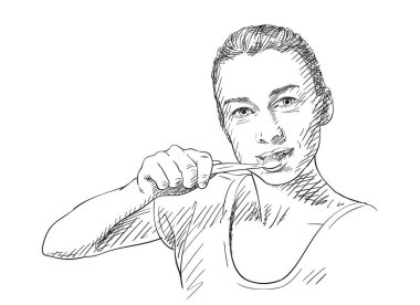 Yooung 'un dişlerini fırçalayan kadın, vektör çizimi, beyaza izole edilmiş el çizimi.