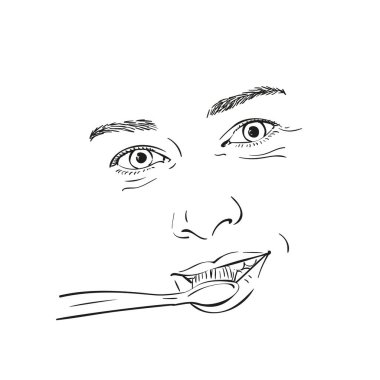 Dişlerini fırçalayan genç bir kadının yüzü, vektör çizimi, beyaza izole edilmiş el çizimi.