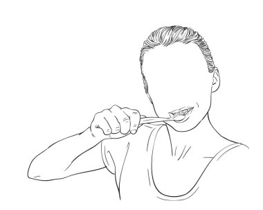 Yooung 'un dişlerini fırçalayan kadın, yüzü olmayan kadın, vektör çizimi, beyaza çizilmiş el resmi.