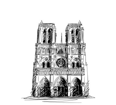 Paris 'teki Notre Dame Katedrali' nin çizimi, beyaza çizilmiş el resmi.