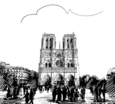 Paris 'teki Notre Dame Katedrali' nin çizimi, El çizimi.