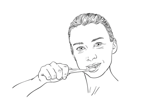 雨宫女人刷牙 矢量草图 手绘线形图以白色隔开 — 图库矢量图片