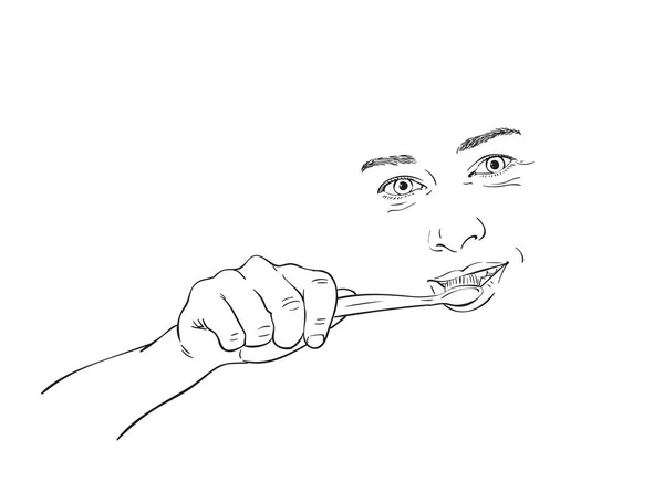 Rosto Jovem Escovando Dentes Esboço Vetorial Ilustração Desenhada Mão Isolada —  Vetores de Stock