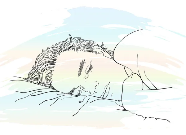 スケッチ スリーピングハンサムな男 手描きベクトル線イラスト水彩で柔らかいグラデーションの背景 — ストックベクタ