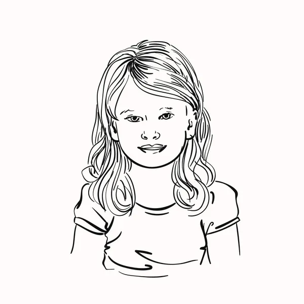 Portrait Little Girl Long Hair Vector Sketch Hand Drawn Linear — Stock Vector