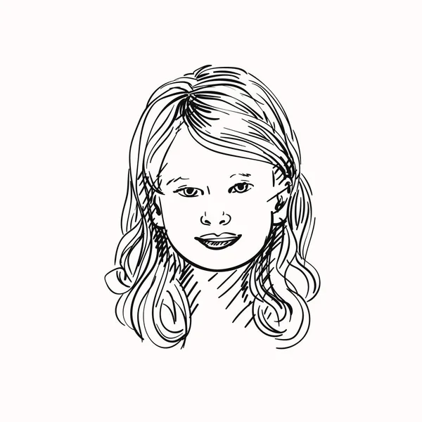 Kepala Gadis Kecil Dengan Rambut Panjang Vector Sketsa Tangan Digambar - Stok Vektor