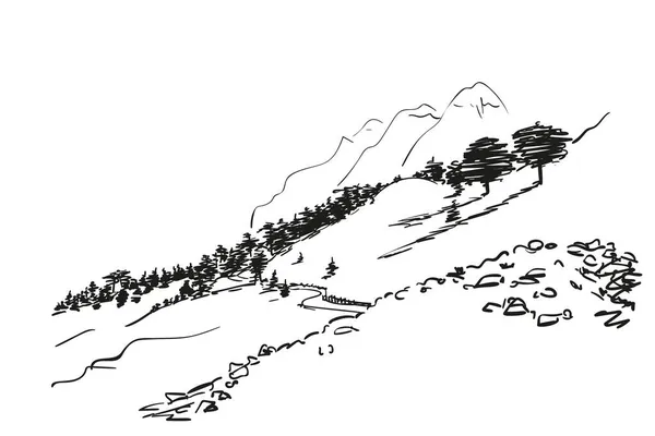 山の風景手のイラストは 遠くに石 田舎道と高い山のピーク 自然ベクトルのスケッチ黒と白のグラフィックで山の中腹に描かれた — ストックベクタ