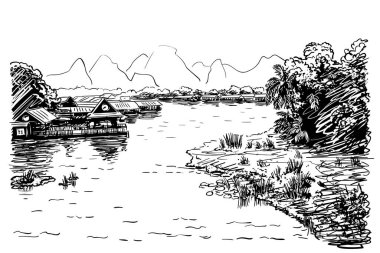 Güneydoğu Asya 'daki nehir manzarası çizimi, kıyılar ve karst dağları manzarası boyunca köy ve orman, elle çizilmiş vektör çizimi.