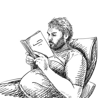 Sakallı bir adam çizimi kitap okuyor ve koltukta rahatça oturuyor, çapraz kuluçkaya yatmış el çizimi vektör çizimi yapıyor.