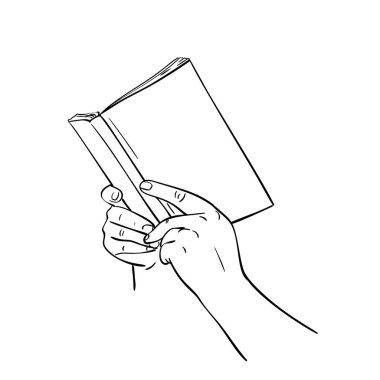 Boş kapaklı açık kitabı tutan el çizimi izole edilmiş vektör doğrusal çizimi