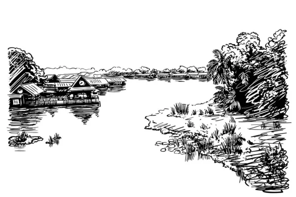 Рисунок Речного Ландшафта Юго Восточной Азии Деревней Джунглями Векторная Иллюстрация — стоковый вектор