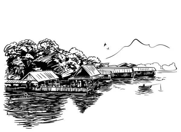 Croquis Village Sur Eau Asie Sud Est Avec Bateau Pêche — Image vectorielle