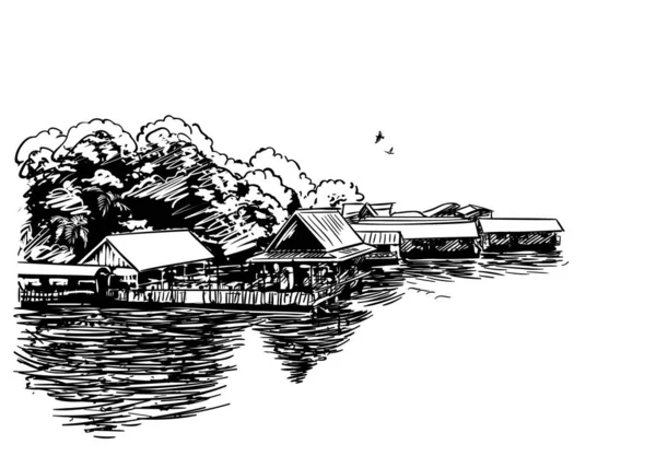 Croquis Petit Village Bord Rivière Asie Sud Est Illustration Vectorielle — Image vectorielle