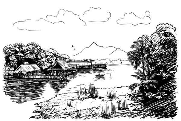 Рисунок Речного Пейзажа Юго Восточной Азии Рыбацкой Лодкой Деревней Джунглями — стоковый вектор
