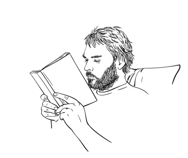 大胡子男人的画像是看书 手绘矢量线形人头图解 胳膊托着书和部分扶手椅 — 图库矢量图片