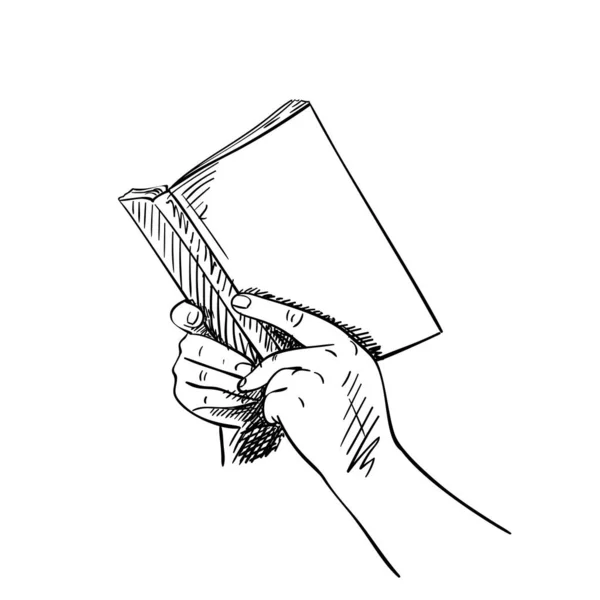 Náčrt Rukou Drží Otevřenou Knihu Prázdným Krytem Mockup Ručně Kreslené — Stockový vektor
