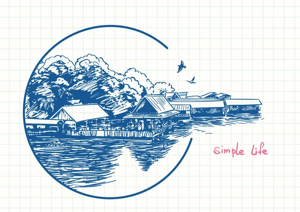 Kleines Dorf Wasser Kreisrahmen Blaue Federzeichnung Auf Quadratischem Gitter Reiseskizzenbuchseite — Stockvektor