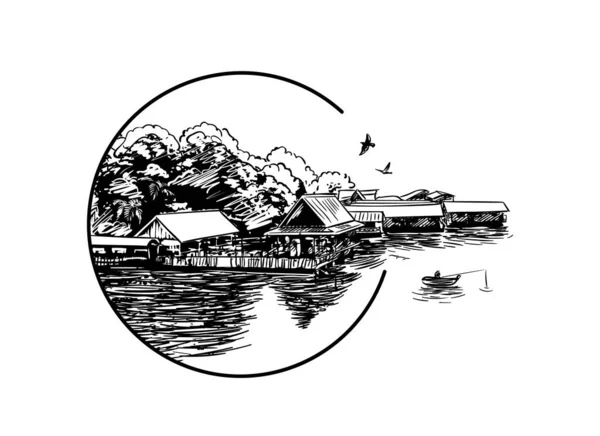 Σκίτσο Του Μικρού Χωριού Στο Νερό Κύκλο Πλαίσιο Αλιευτικό Σκάφος — Διανυσματικό Αρχείο