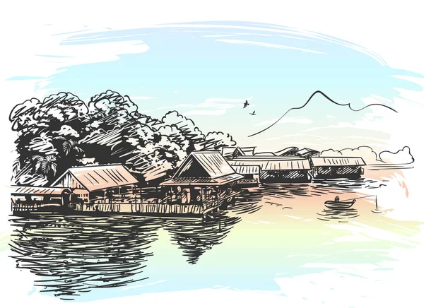Skizze Eines Dorfes Auf Dem Wasser Südostasien Mit Fischerboot Dorf — Stockvektor