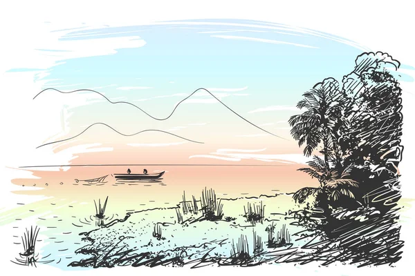 Croquis Paysages Lacustres Avec Bateau Pêche Jungle Montagnes Illustration Vectorielle — Image vectorielle