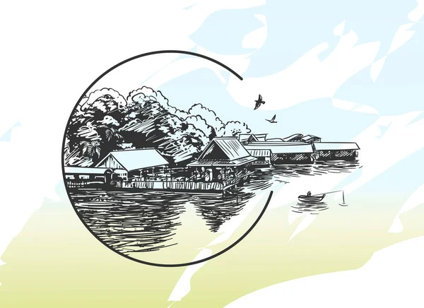 Skizze Eines Kleinen Dorfes Auf Dem Wasser Kreisrahmen Mit Fischerboot — Stockvektor
