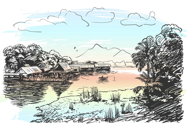 Skizze Einer Flusslandschaft Südostasien Mit Fischerboot Dorf Dschungel Wolken Und — Stockvektor