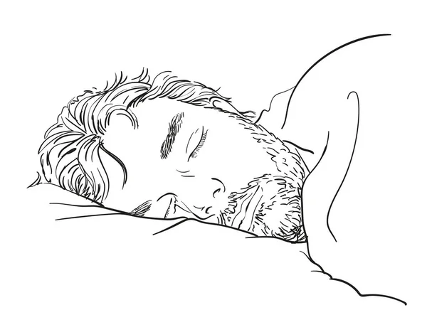 Bosquejo Dormir Hombre Barbudo Guapo Ilustración Lineal Vector Dibujado Mano — Vector de stock