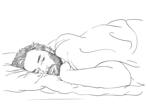 Σκίτσο Του Ύπνου Όμορφος Γενειοφόρος Άνδρας Χέρι Που Διανυσματικά Γραμμική — Διανυσματικό Αρχείο