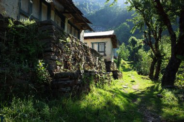 Nepal Himalayaları 'nda gezinti. Sihirli sabah ışığı Jiri ve Lukla arasındaki yolda Everest 'in alt kısmında. Kinja köyünden dönerken.