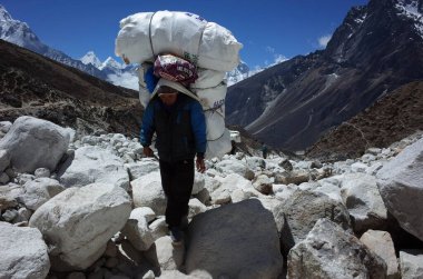 Sagarmatha Ulusal Parkı, Nepal - 20 Mayıs 2019 Porter nehir yatağında son derece büyük bir yük taşımaktadır. Everest yolu, Dughla yakınlarında patika (4620 metre)