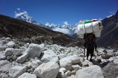 Sagarmatha Ulusal Parkı, Nepal - 20 Mayıs 2019 Porter nehir yatağında son derece büyük bir yük taşımaktadır. Everest yolu, Dughla yakınlarında patika (4620 metre)