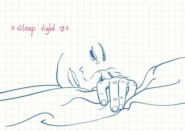 若い寝ている女性 青いペンのスケッチ正方形のグリッド日記ページ 手描きベクトル線イラスト — ストックベクタ