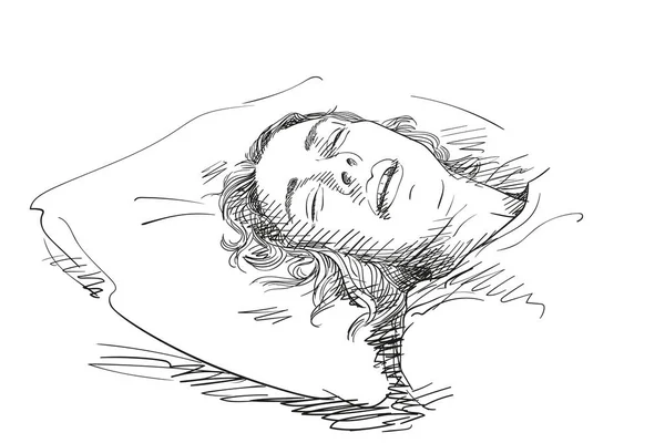 Σκίτσο Της Νεαρής Γυναίκας Κεφάλι Ύπνου Στο Μαξιλάρι Χέρι Που — Διανυσματικό Αρχείο