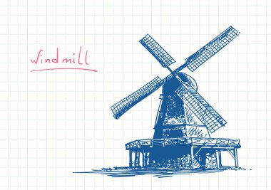 Eski yel değirmeni, kare kare günlük sayfasında mavi kalem çizimi, el çizimi vektör illüstrasyonu