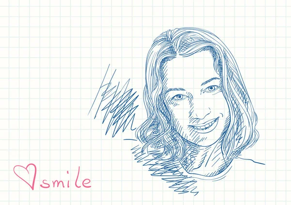 Hermoso Retrato Mujer Sonriente Joven Dibujo Pluma Azul Página Del — Archivo Imágenes Vectoriales