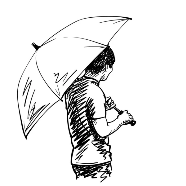 Vektorový Náčrt Asijského Muže Deštníky Ručně Kreslená Ilustrace — Stockový vektor
