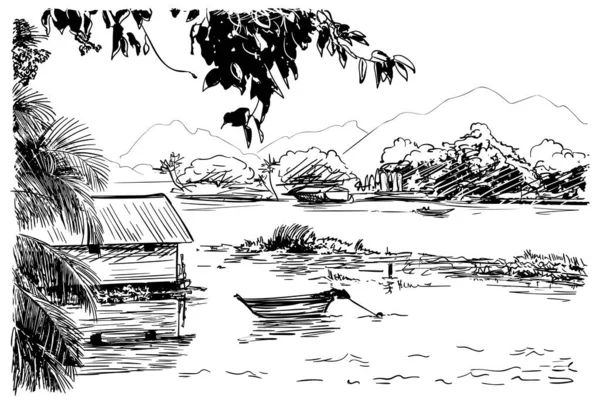 Skizze Von Boot Und Haus Fluss Südostasien Handgezeichnete Vektorillustration — Stockvektor