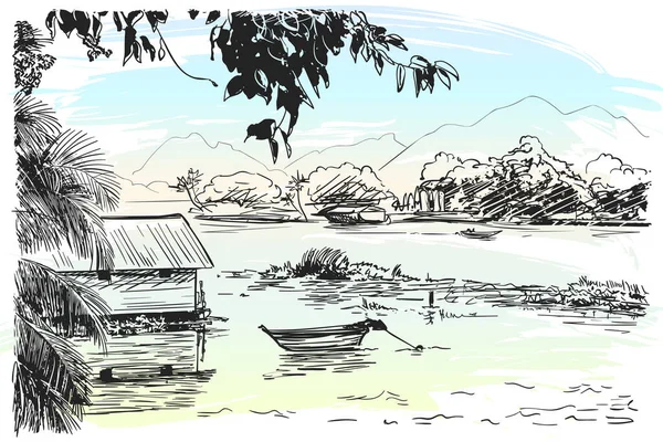 Desenho Barco Casa Rio Sudeste Asiático Ilustração Vetorial Desenhada Mão —  Vetores de Stock