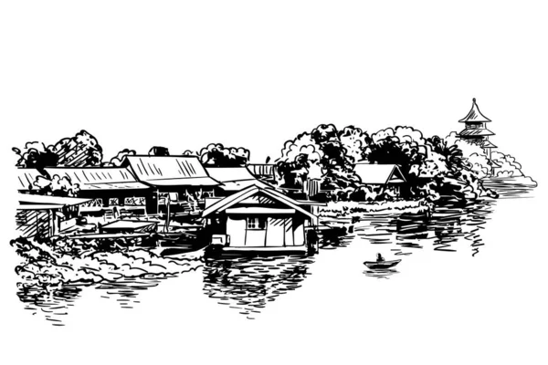 Croquis Des Maisons Village Temple Bouddhiste Bateau Sur Rivière Illustration — Image vectorielle