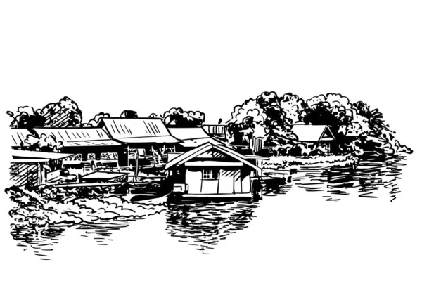 Σχέδιο Των Σπιτιών Του Χωριού Στο Νερό Χέρι Που Διανυσματική — Διανυσματικό Αρχείο
