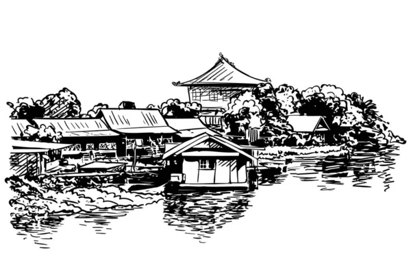 Szkic Domów Wiejskich Wodzie Świątynią Buddyjską Ręcznie Rysowany Wektor Ilustracji — Wektor stockowy