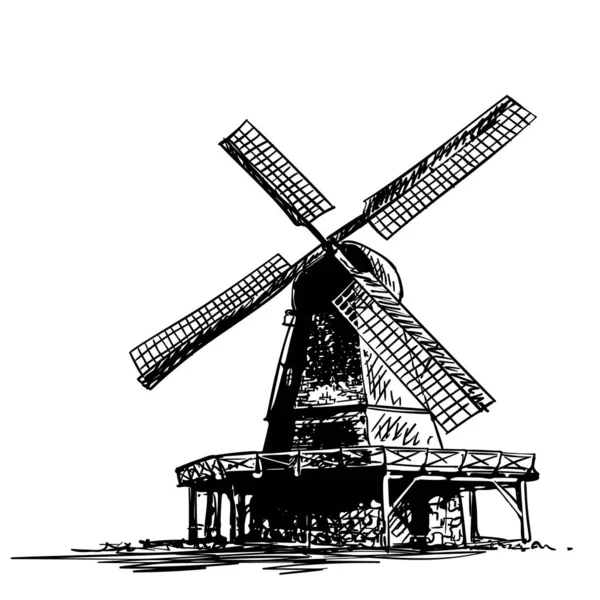 古い風車のスケッチ 手描きベクトルイラスト — ストックベクタ