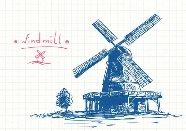 Old Windmill Small Tree Blue Pen Sketch Square Grid Diary — Stock Vector