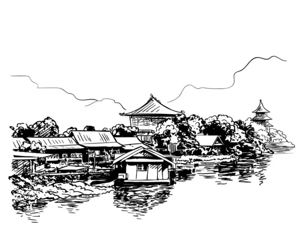Sketch Village Houses Water Buddhist Temples Mountains Background Hand Drawn Vector Graphics