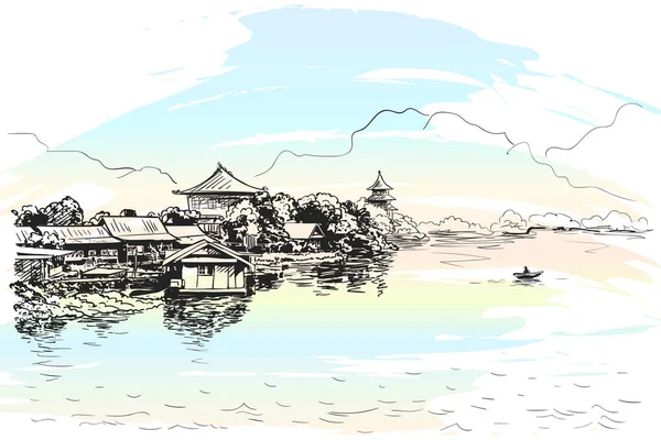 Sketch Village Buddhist Temples Bank River Fishing Boat Mountains Southeast Stock Illustration