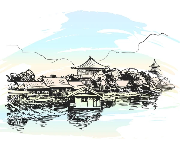 Sketch Village Houses Water Buddhist Temples Mountains Hand Drawn Vector Stock Vector