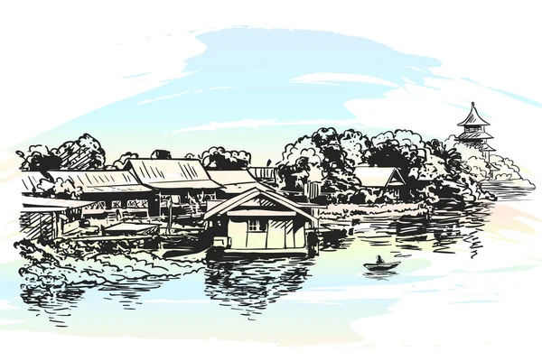 Sketch Village Houses Buddhist Temple Boat River Hand Drawn Vector Stock Vector